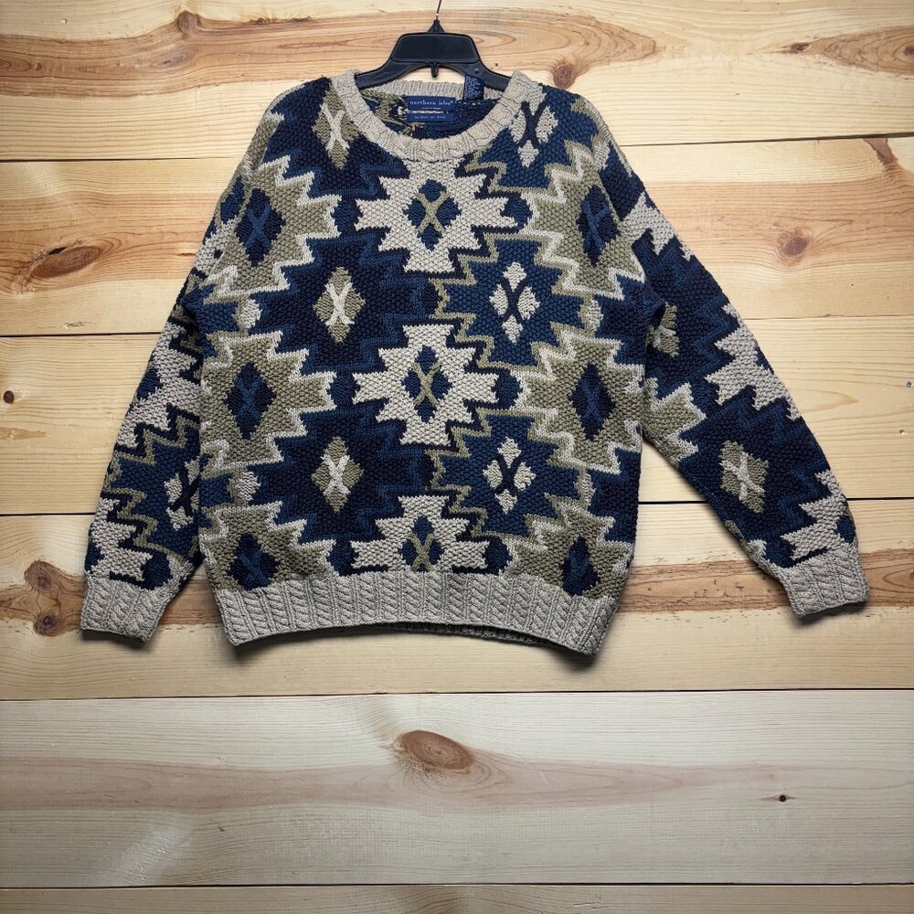 Vintage Northern Isles Sweater Large Blue Brown Geometric Aztec Hand Made Chunky